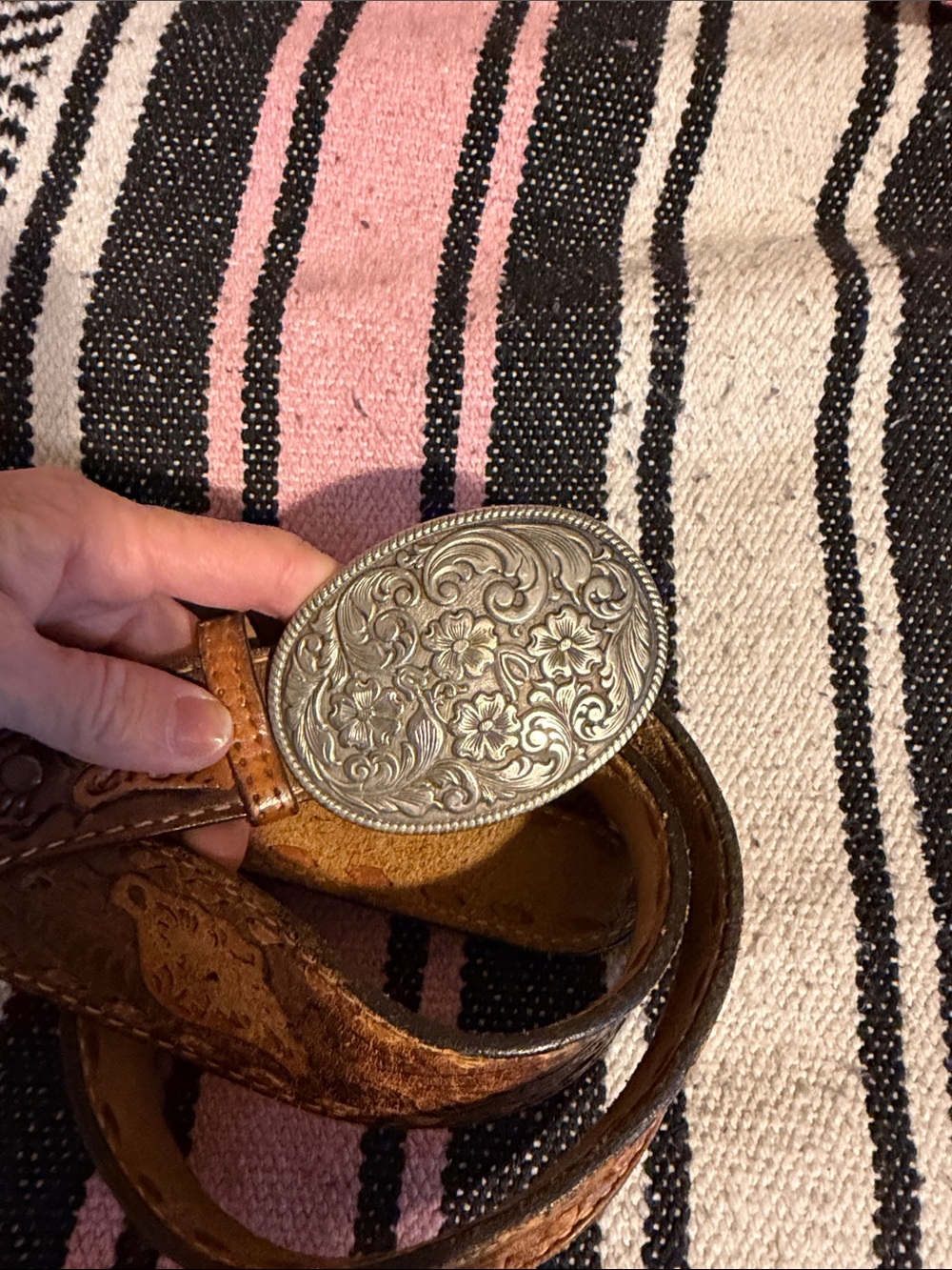 Women's Vintage Floral Engraved Silver-Tone Belt Buckle with Brown Leather Strap